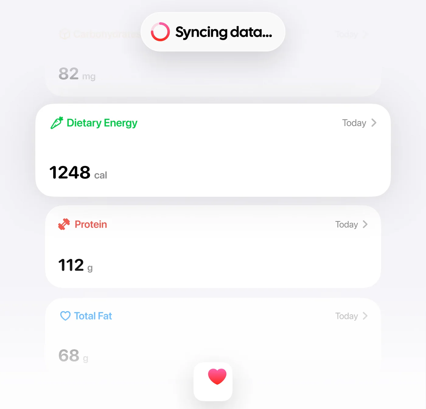 Apple Health cards showing 1,248 calories of dietary energy and 112 g of protein for today.