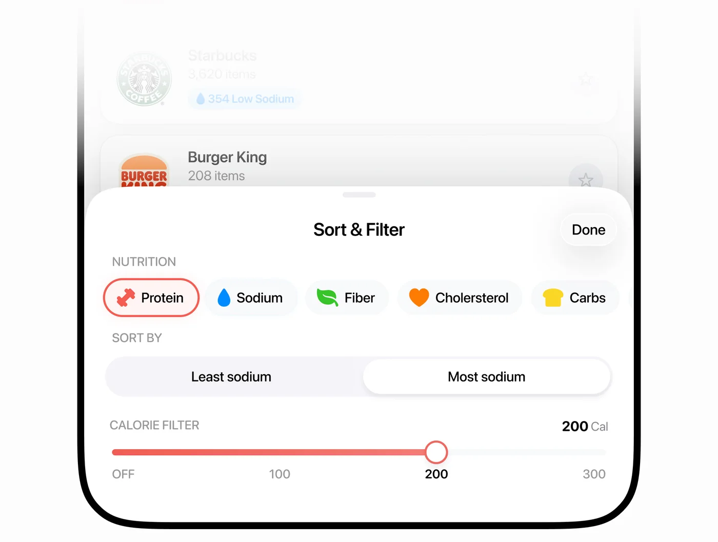 The Sort and Filter sheet with Protein, Sodium, Fiber, Cholesterol and Carbs options over a restaurant list.