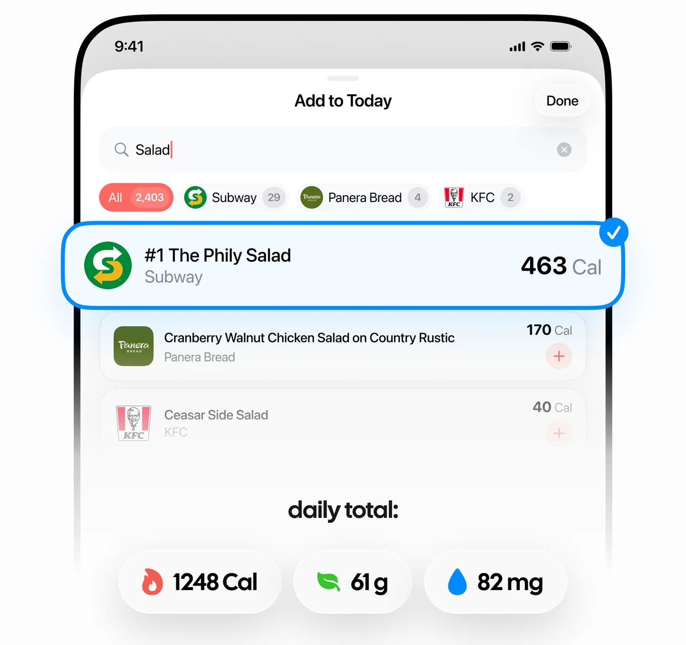 The Add to Today search for “Salad” with results from Subway, Panera Bread and KFC, above a daily total of 1,248 calories.